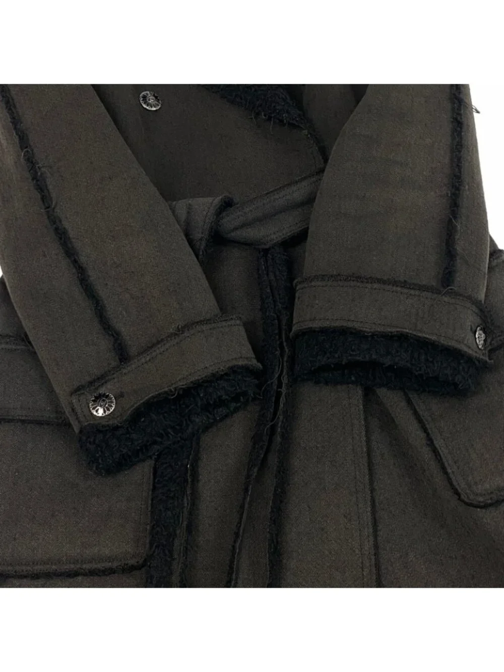 Chanel 06A Coco Buttons Cutoff Trench Coat Frayed Edge Dark Gray 38